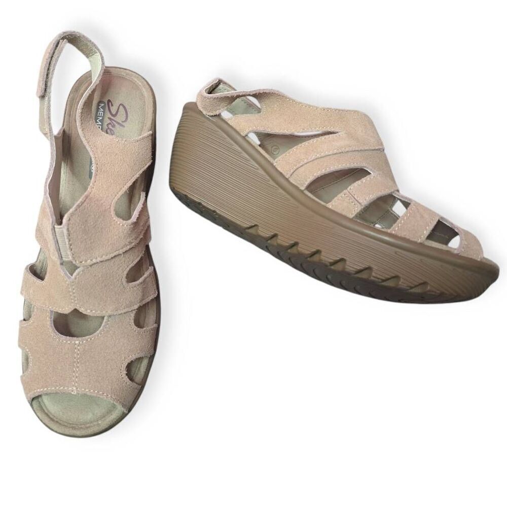 Skechers Women's Suede Peep-Toe Slingback Wedges Parallel Stylin size 6 Tan